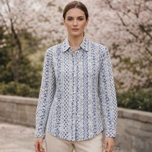 APNY Women Button Down Shirt L Eyelet Blue Organic Cotton Blouse Cottagecore Eco